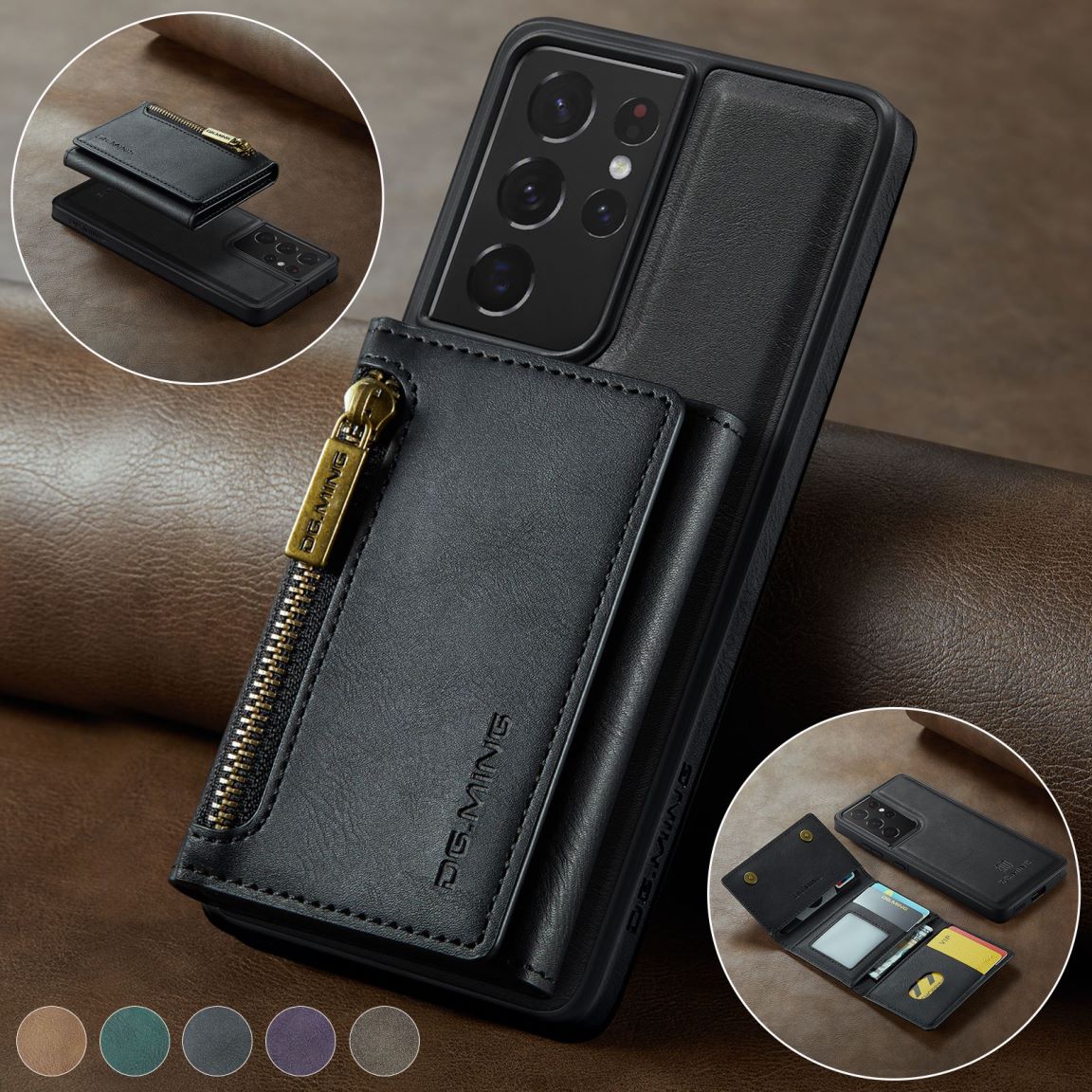 New 2-IN-1 RFID Blocking Zipper Wallet Supports Wireless Charging Leather Phone Case for Samsung