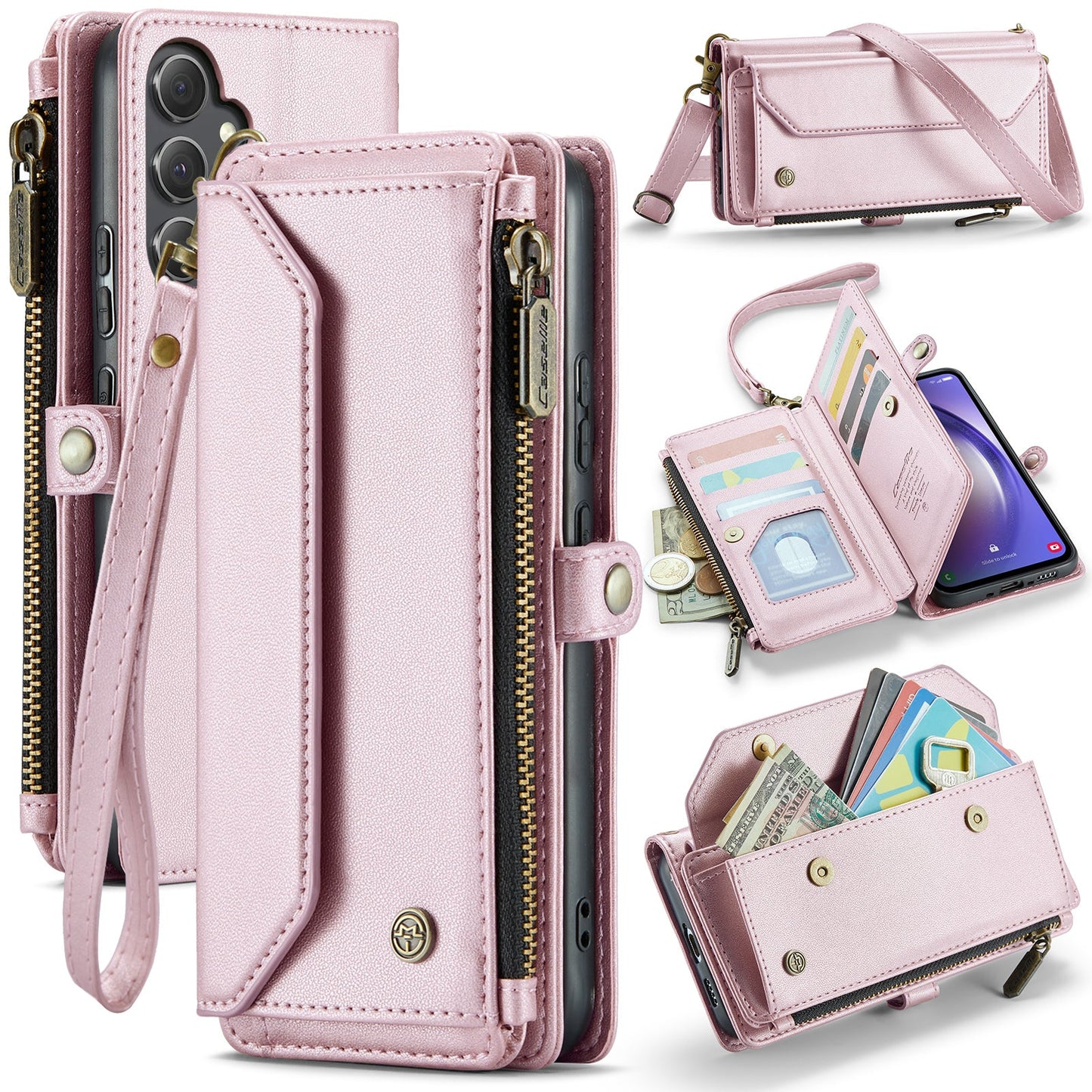 New RFID Blocking Zipper Wallet Supports Wireless Charging with Long and Short Lanyard Leather Phone Case for Samsung