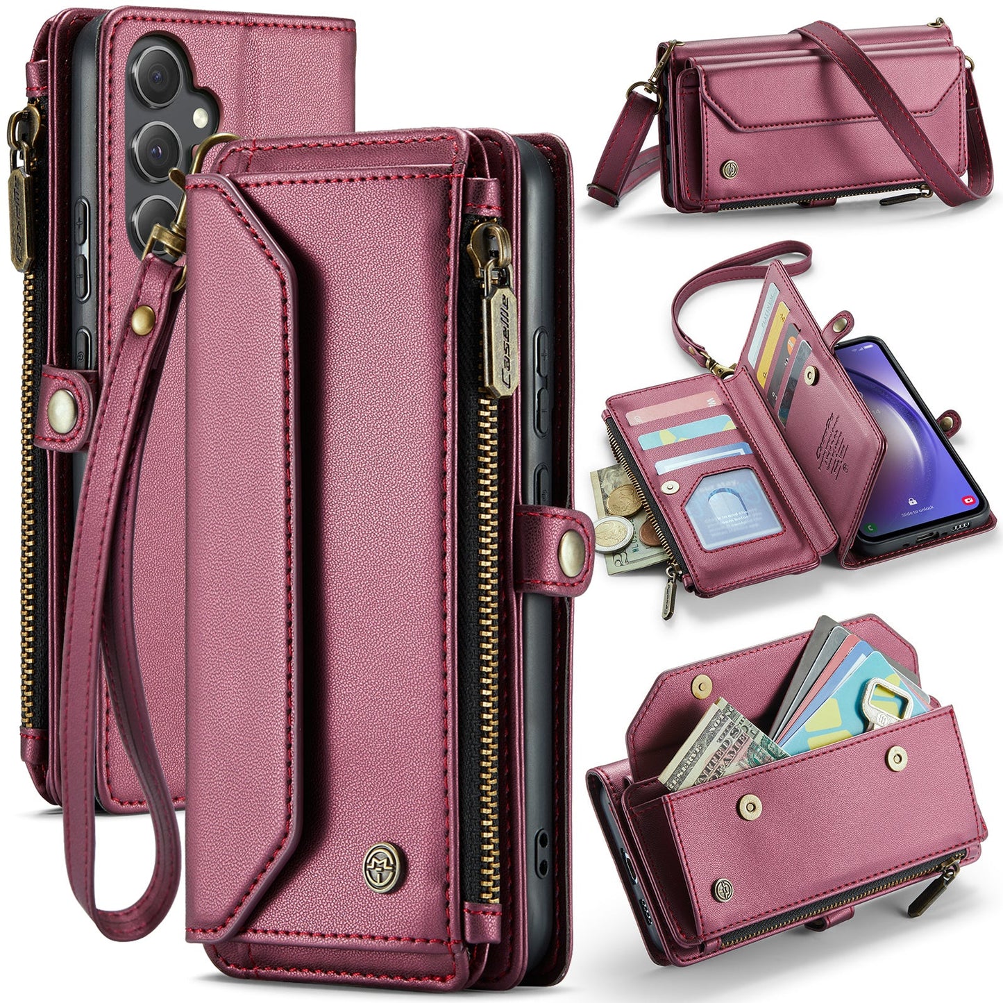 New RFID Blocking Zipper Wallet Supports Wireless Charging with Long and Short Lanyard Leather Phone Case for Samsung