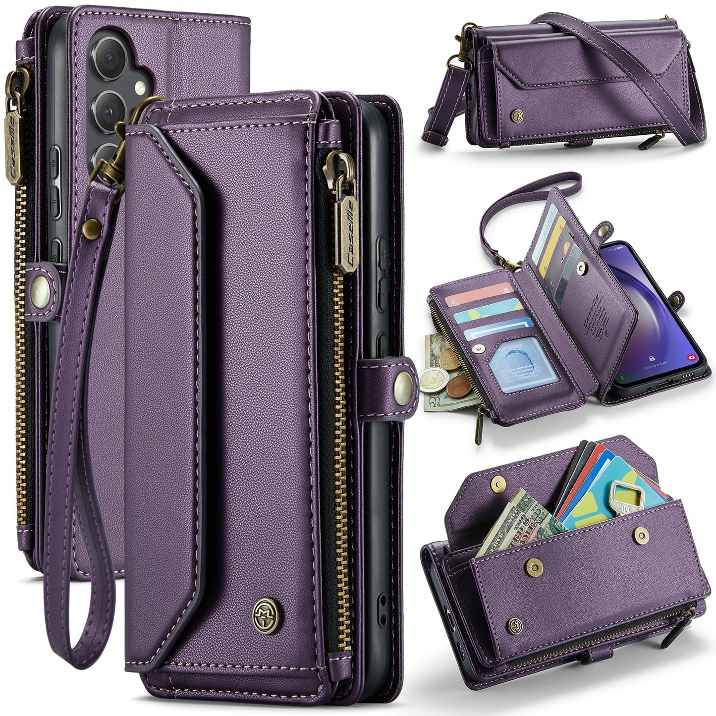 New RFID Blocking Zipper Wallet Supports Wireless Charging with Long and Short Lanyard Leather Phone Case for Samsung