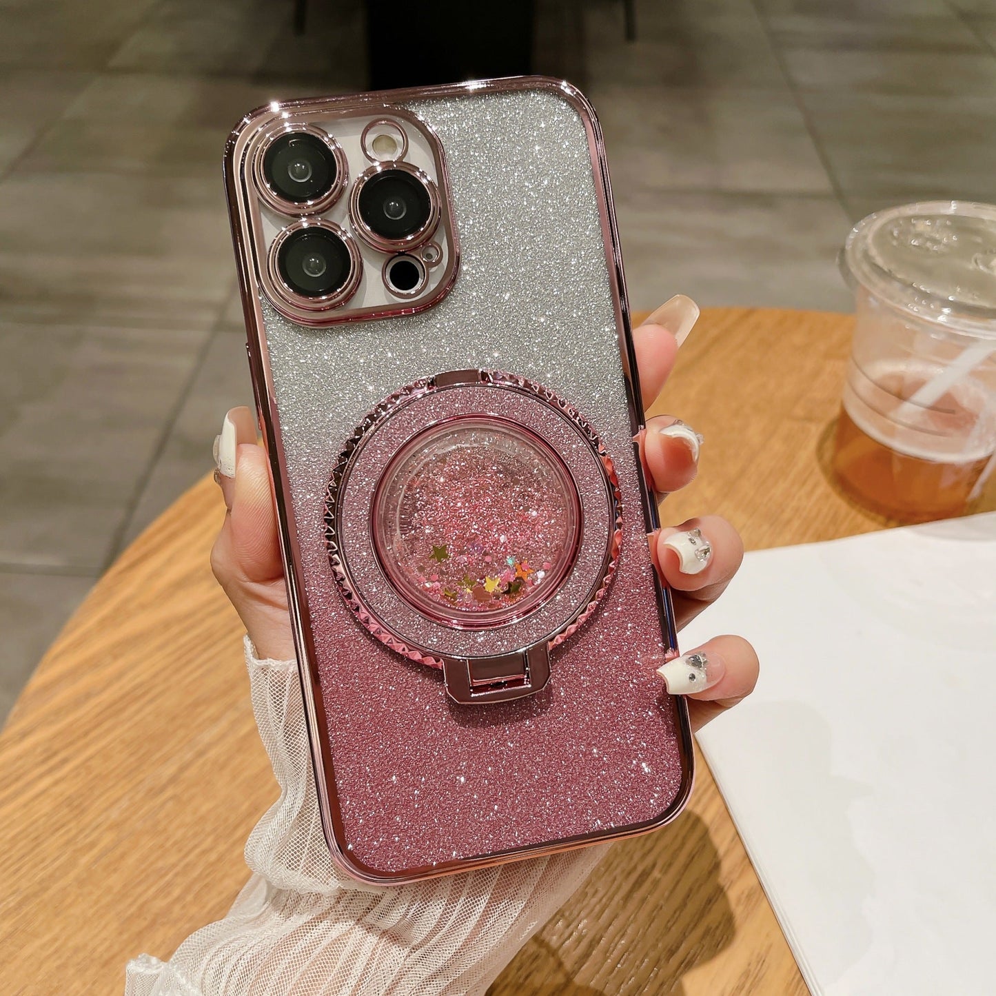 New Quicksand Bracket Electroplated Glitter Lens Protector Phone Case for iPhone