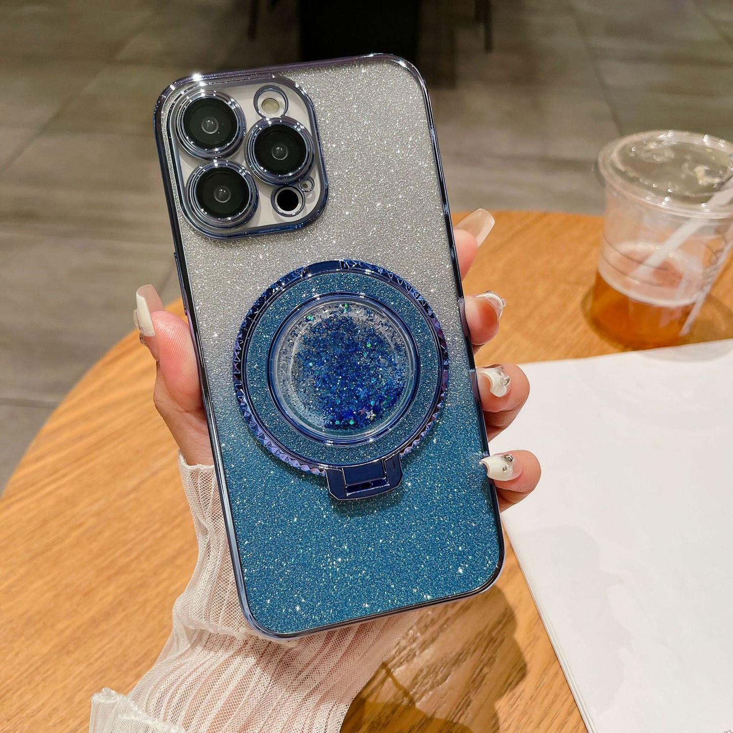 New Quicksand Bracket Electroplated Glitter Lens Protector Phone Case for iPhone