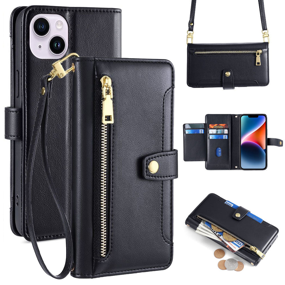 New Cross Body Zipper Wallet Leather Phone Case for iPhone