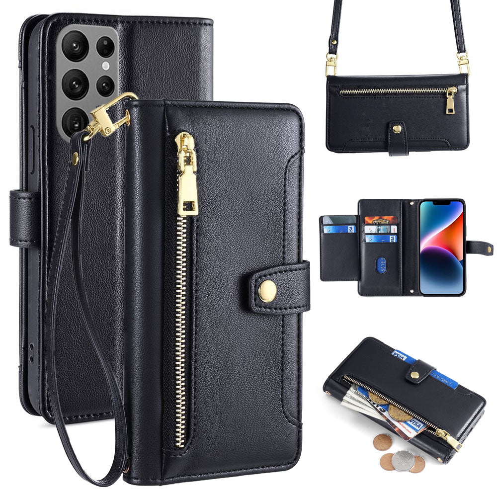 New Cross Body Zipper Wallet Leather Phone Case for Samsung