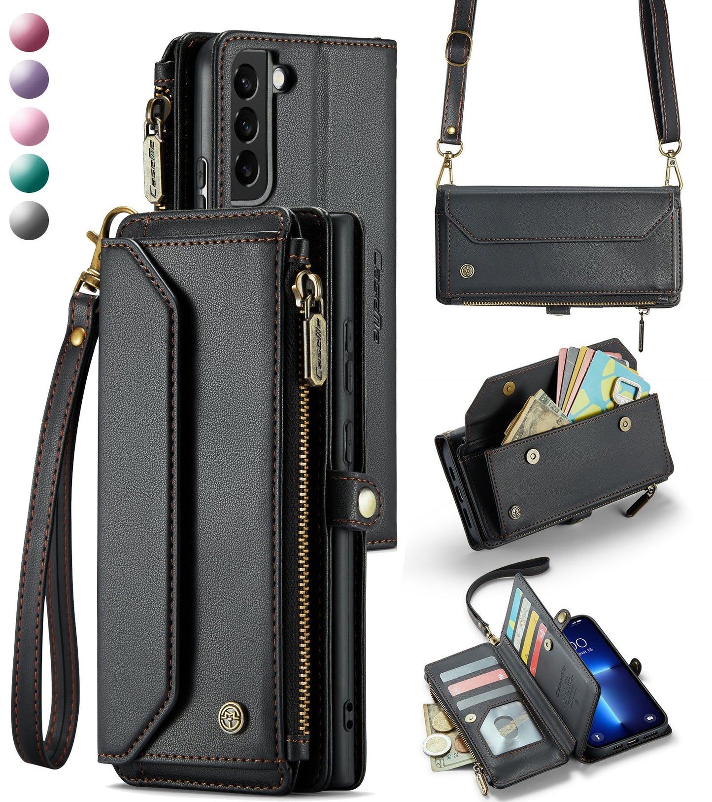 New RFID Blocking Zipper Wallet Supports Wireless Charging with Long and Short Lanyard Leather Phone Case for Samsung