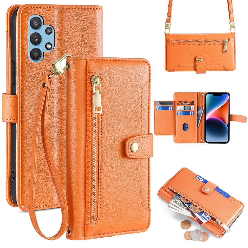 New Cross Body Zipper Wallet Leather Phone Case for Samsung Galaxy A