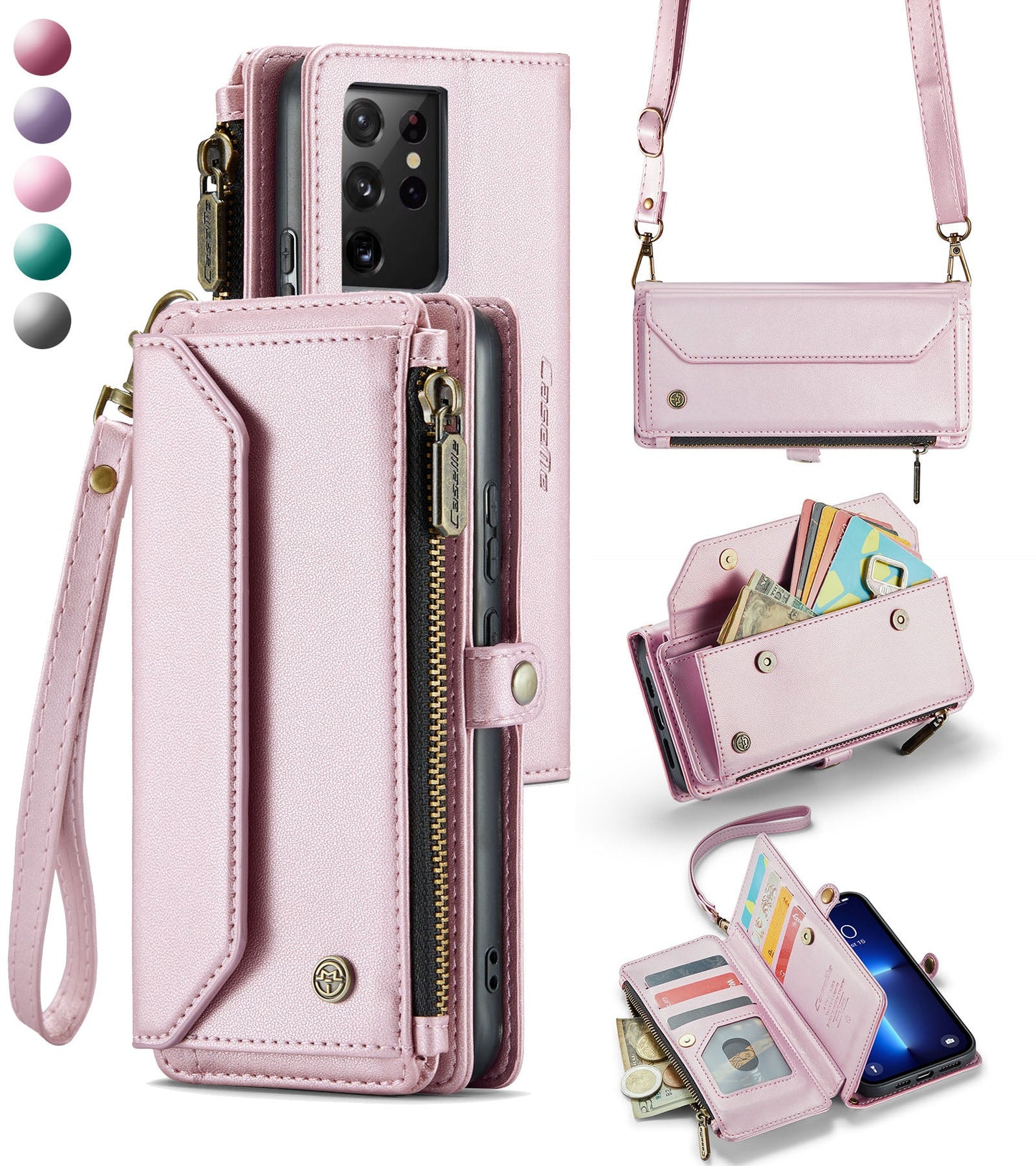 New RFID Blocking Zipper Wallet Supports Wireless Charging with Long and Short Lanyard Leather Phone Case for Samsung