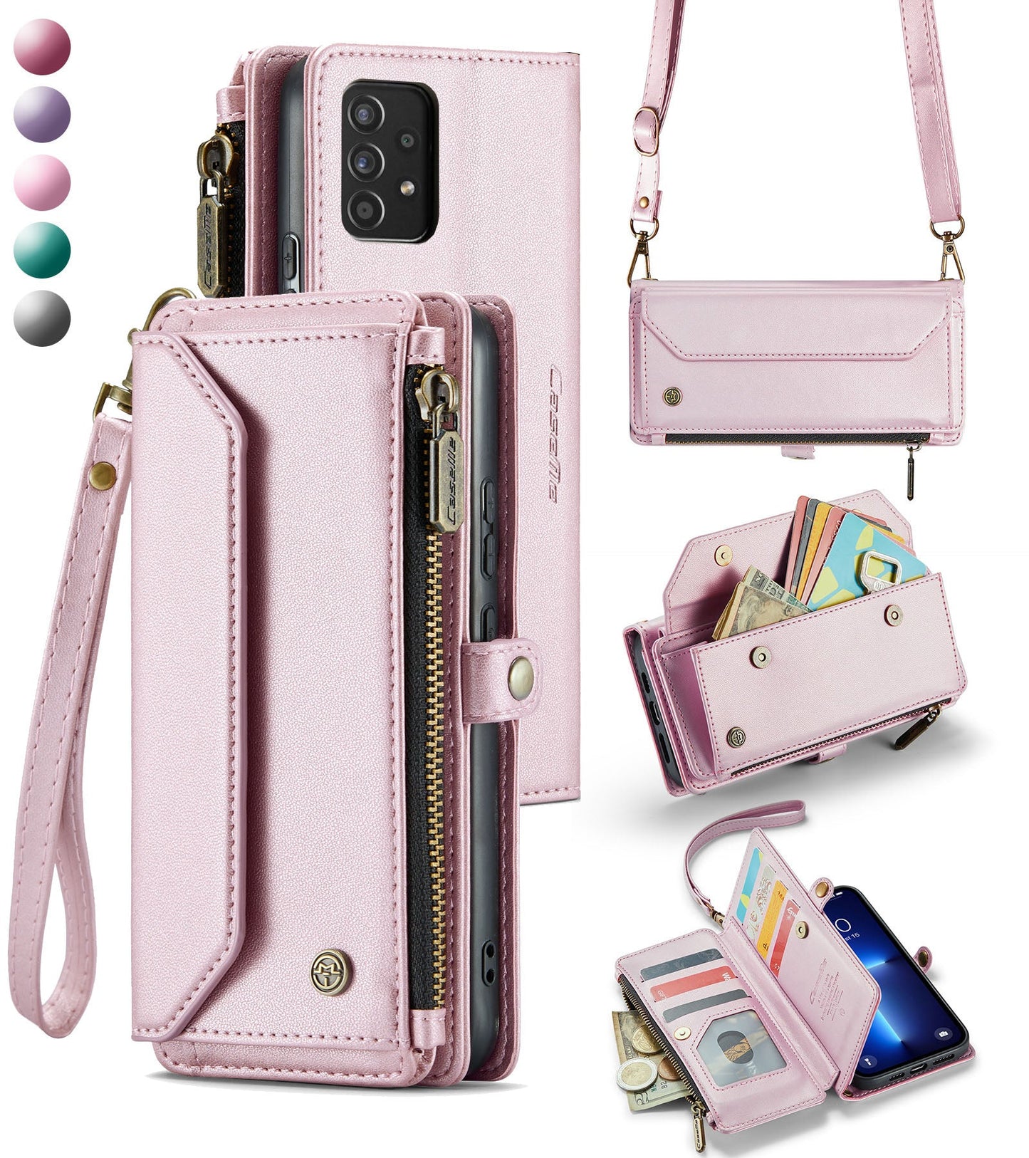 New RFID Blocking Zipper Wallet Supports Wireless Charging with Long and Short Lanyard Leather Phone Case for Samsung